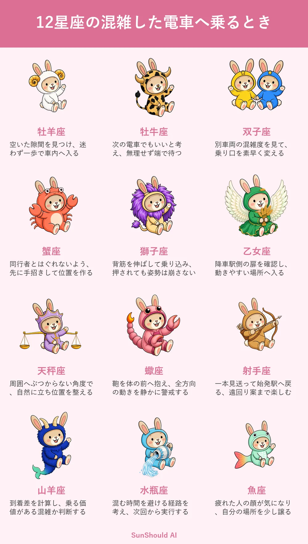 混雑した電車の12星座あるある｜牡羊座は即乗車、射手座は遠回り