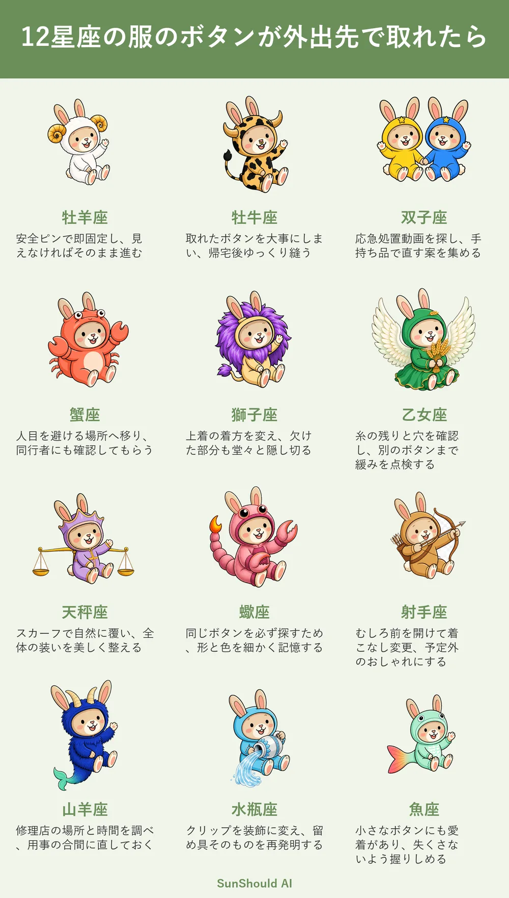 外出先でボタンが取れる12星座あるある｜獅子座は隠し、水瓶座は装飾