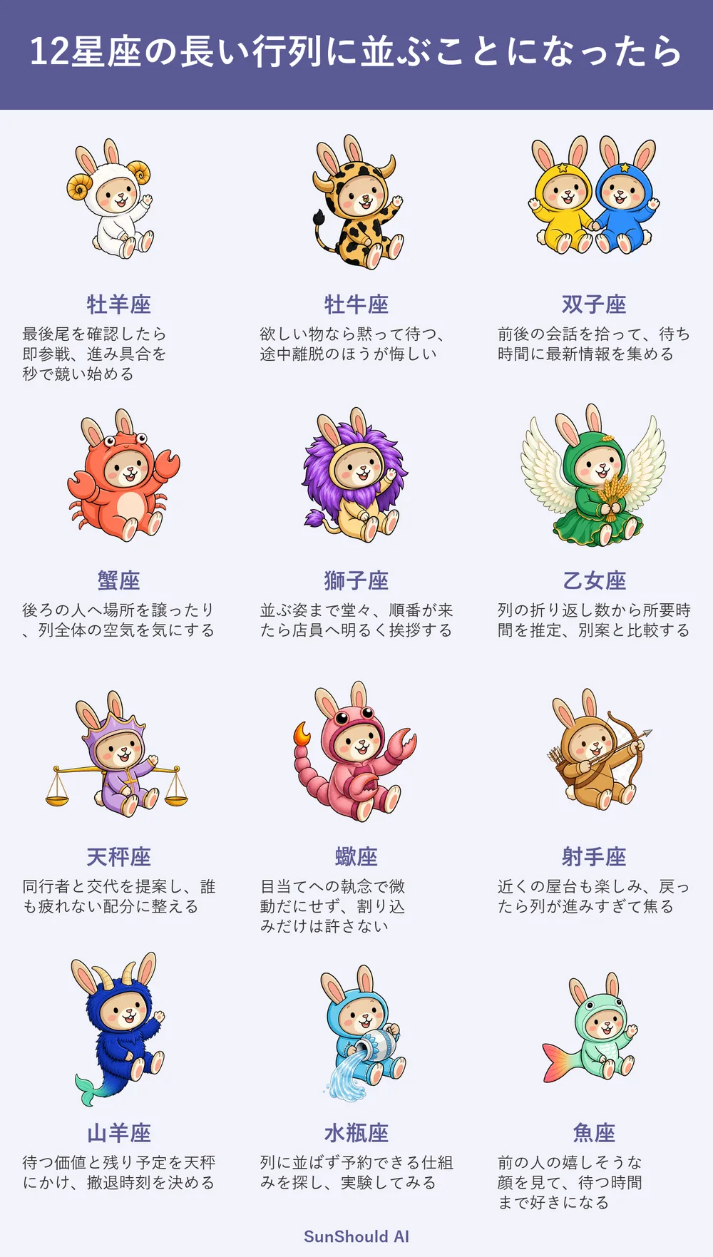長い行列の12星座あるある｜牡牛座は黙って待ち、水瓶座は予約方法を探す