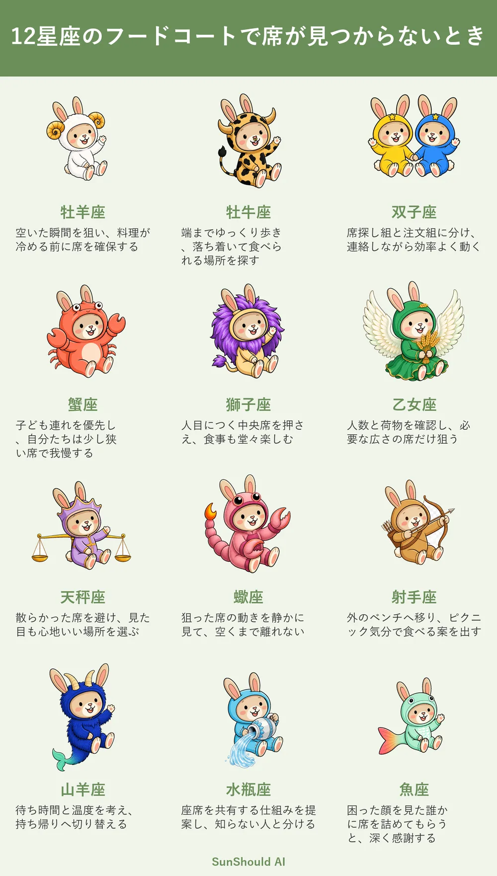 フードコートで席がない12星座あるある｜牡羊座は確保、射手座は屋外へ