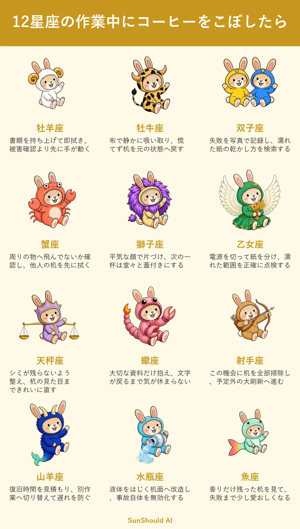 コーヒーをこぼす12星座あるある｜牡羊座は即拭き、水瓶座は机を改造