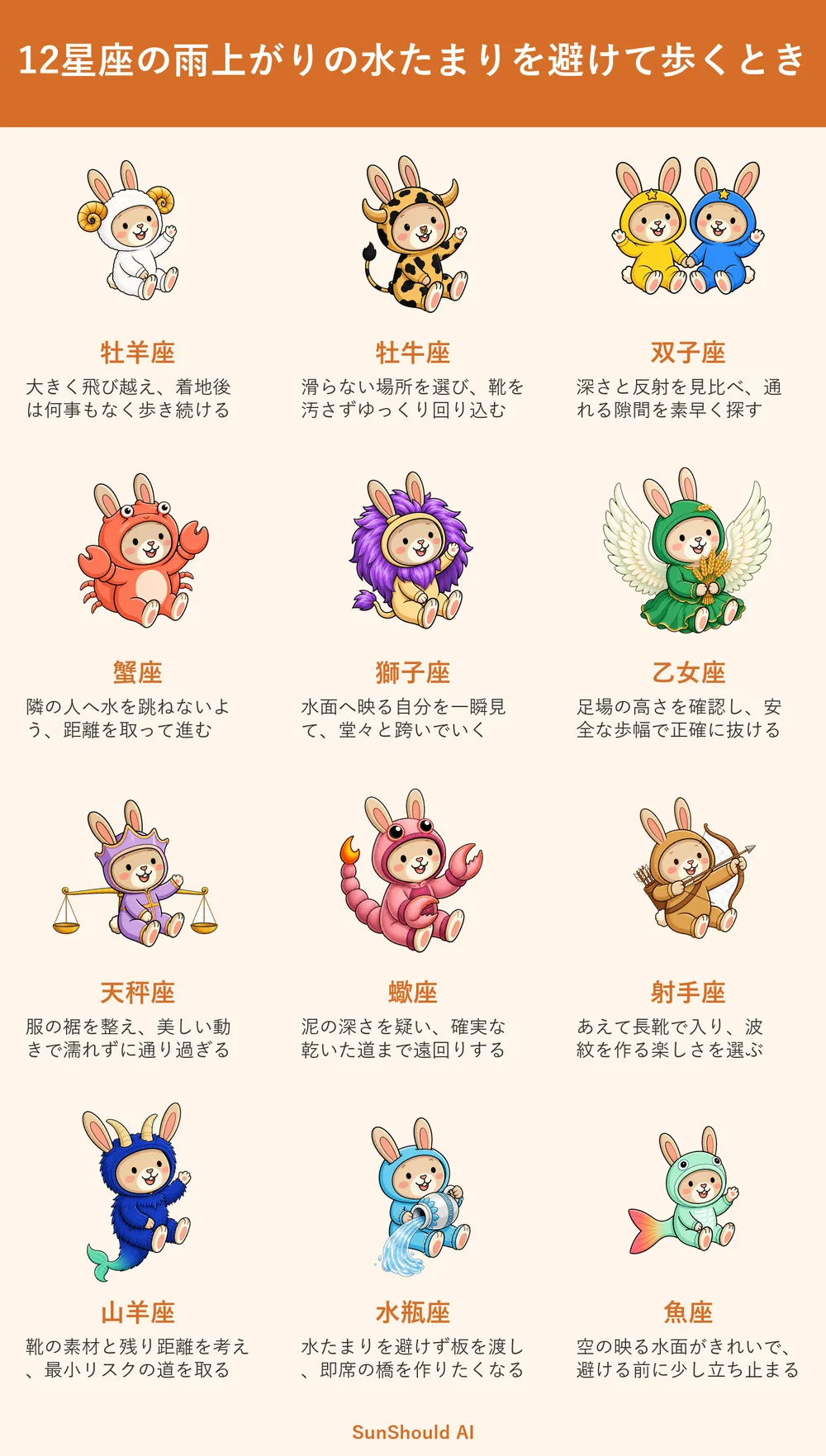 雨上がりの水たまり12星座あるある｜牡羊座は跳び、魚座は空を見る