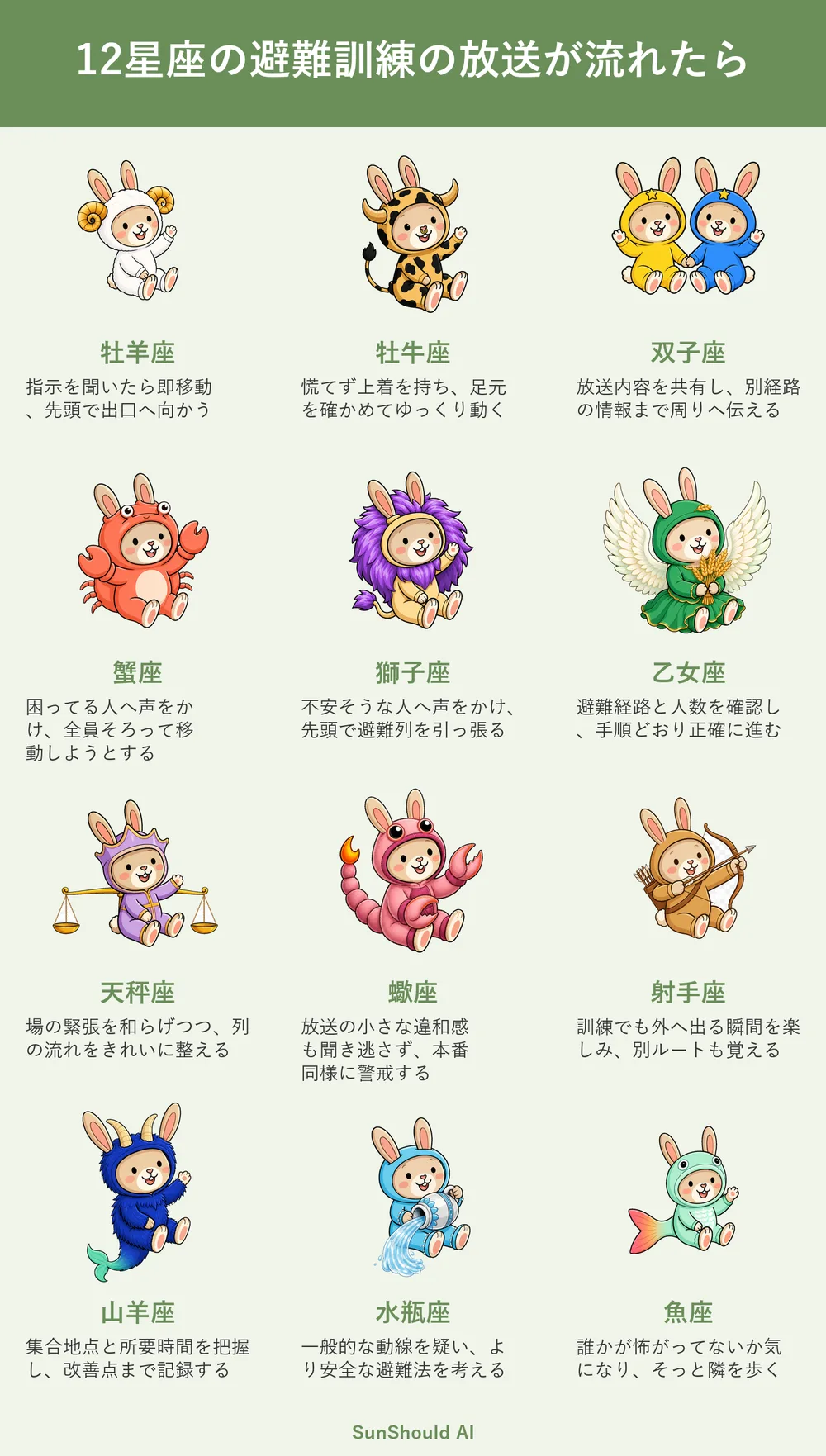 避難訓練の12星座あるある｜牡羊座は先頭、魚座は隣に寄り添う