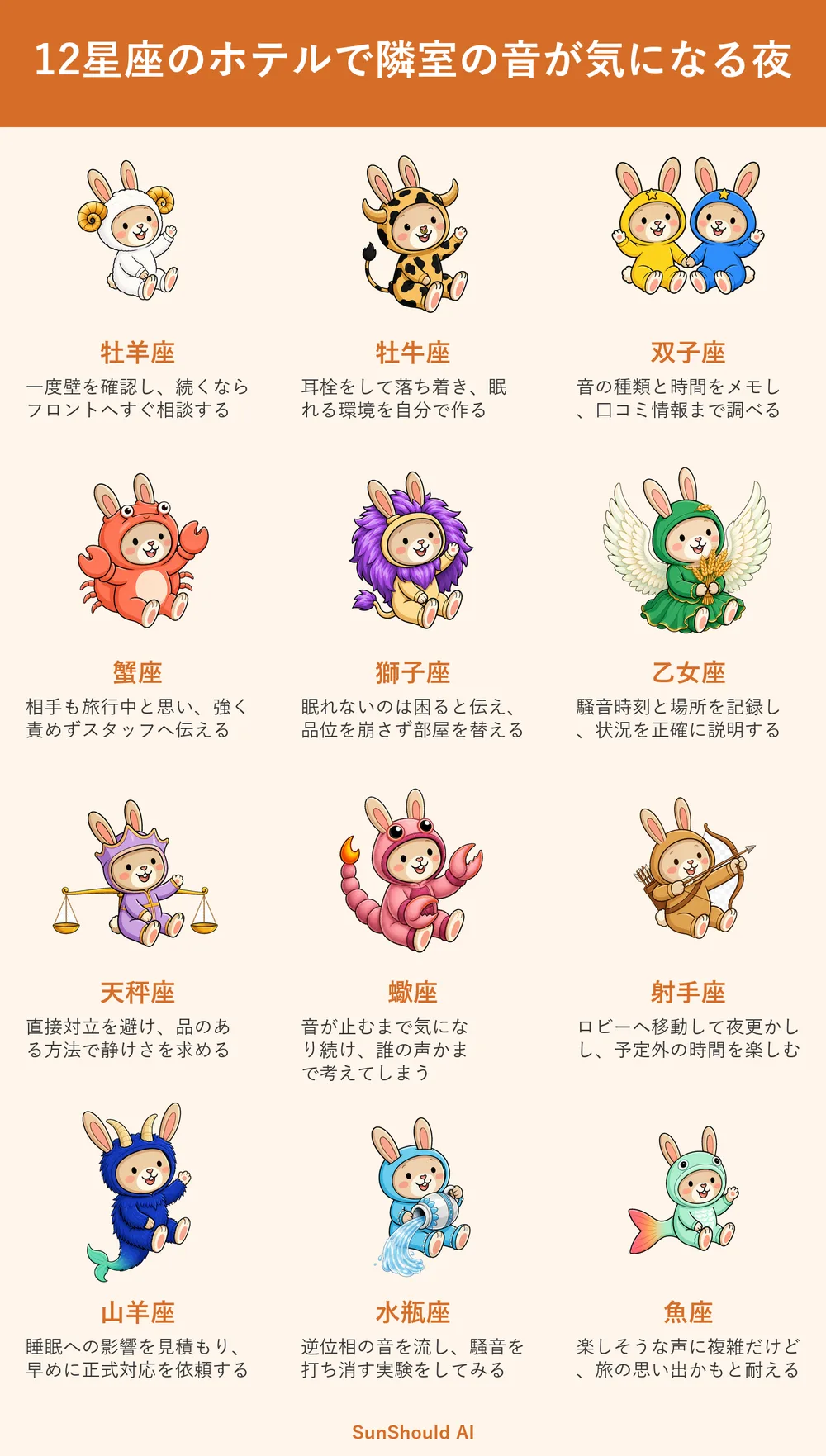 ホテルで隣室が騒がしい12星座あるある｜牡羊座は相談、射手座はロビーへ