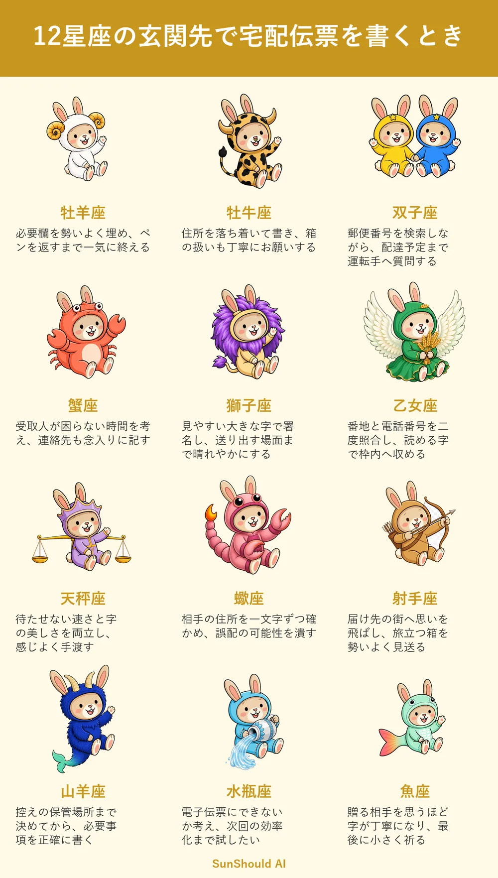 玄関先で宅配伝票を書く12星座あるある｜牡羊座は一気、蠍座は一文字ずつ