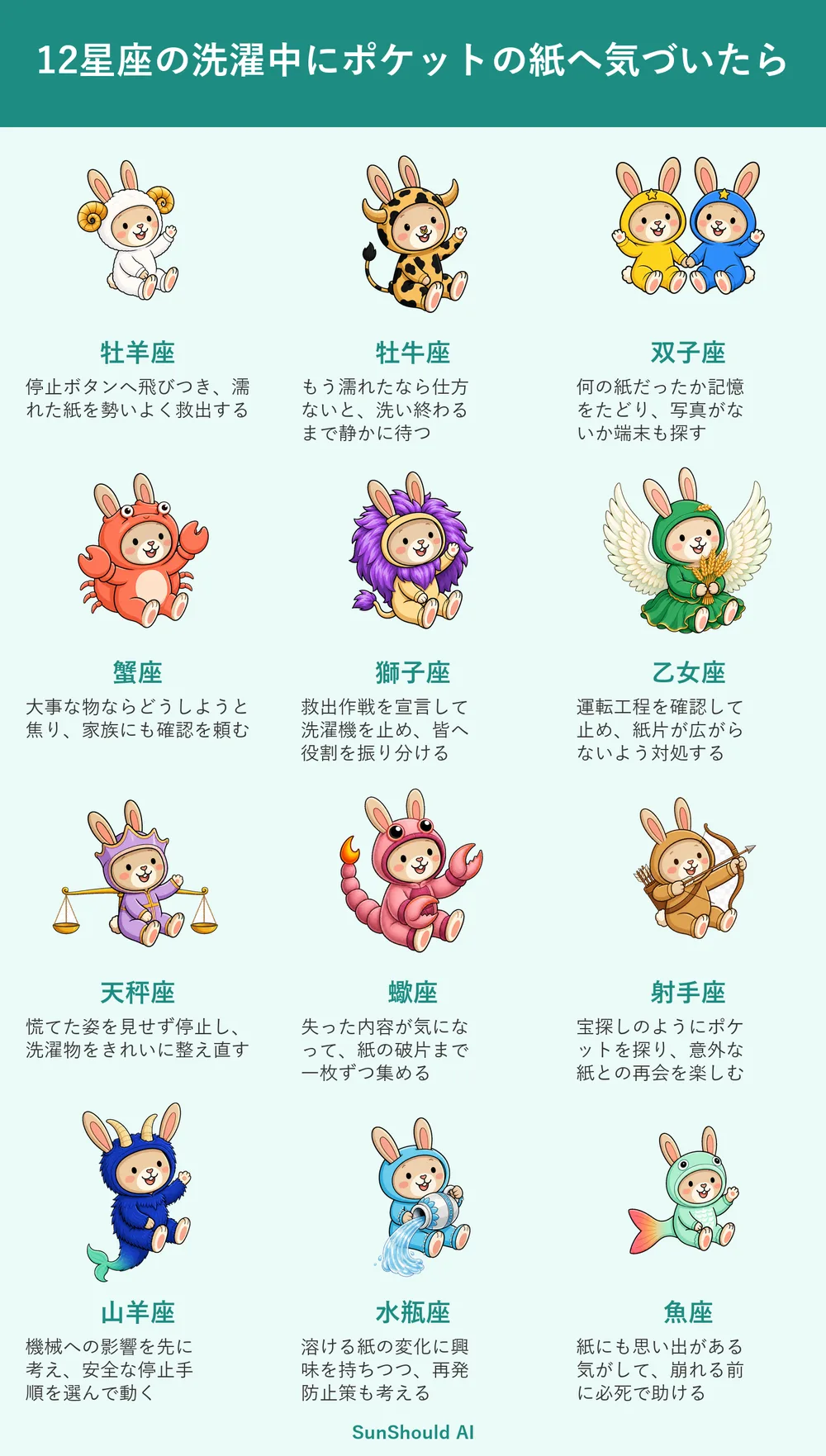 洗濯中にポケットの紙へ気づく12星座あるある｜牡羊座は救出、蠍座は破片収集