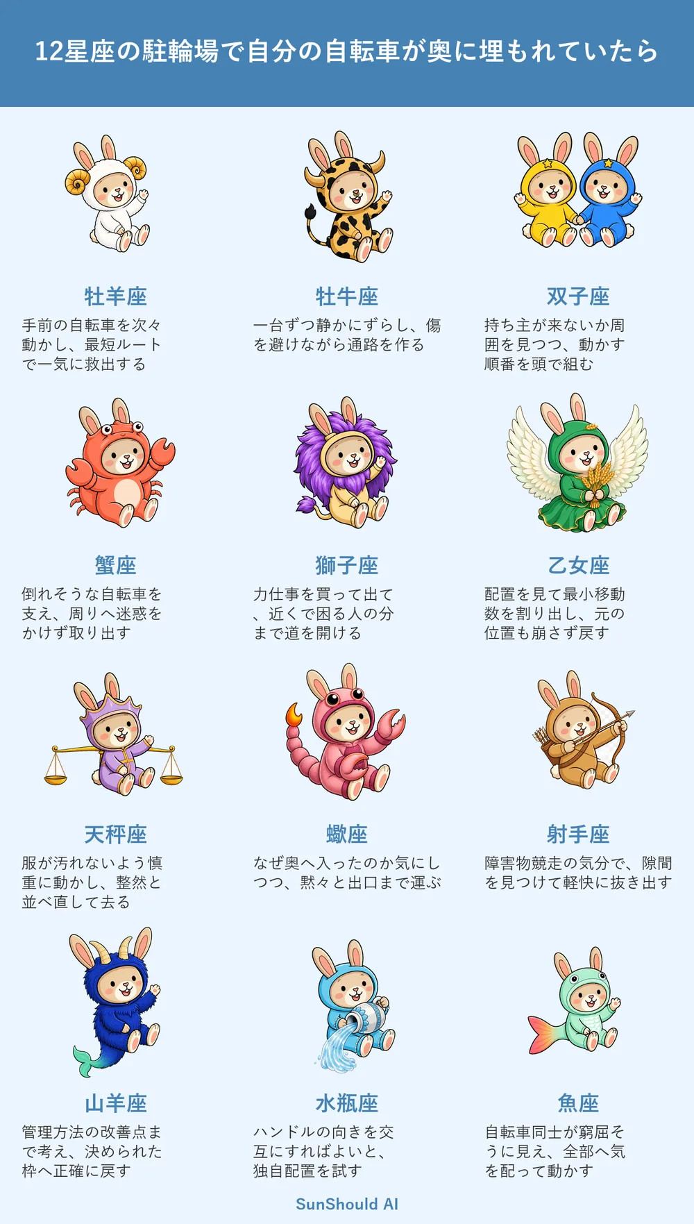 駐輪場で自転車が埋もれた12星座あるある｜牡羊座は救出、乙女座は最小移動