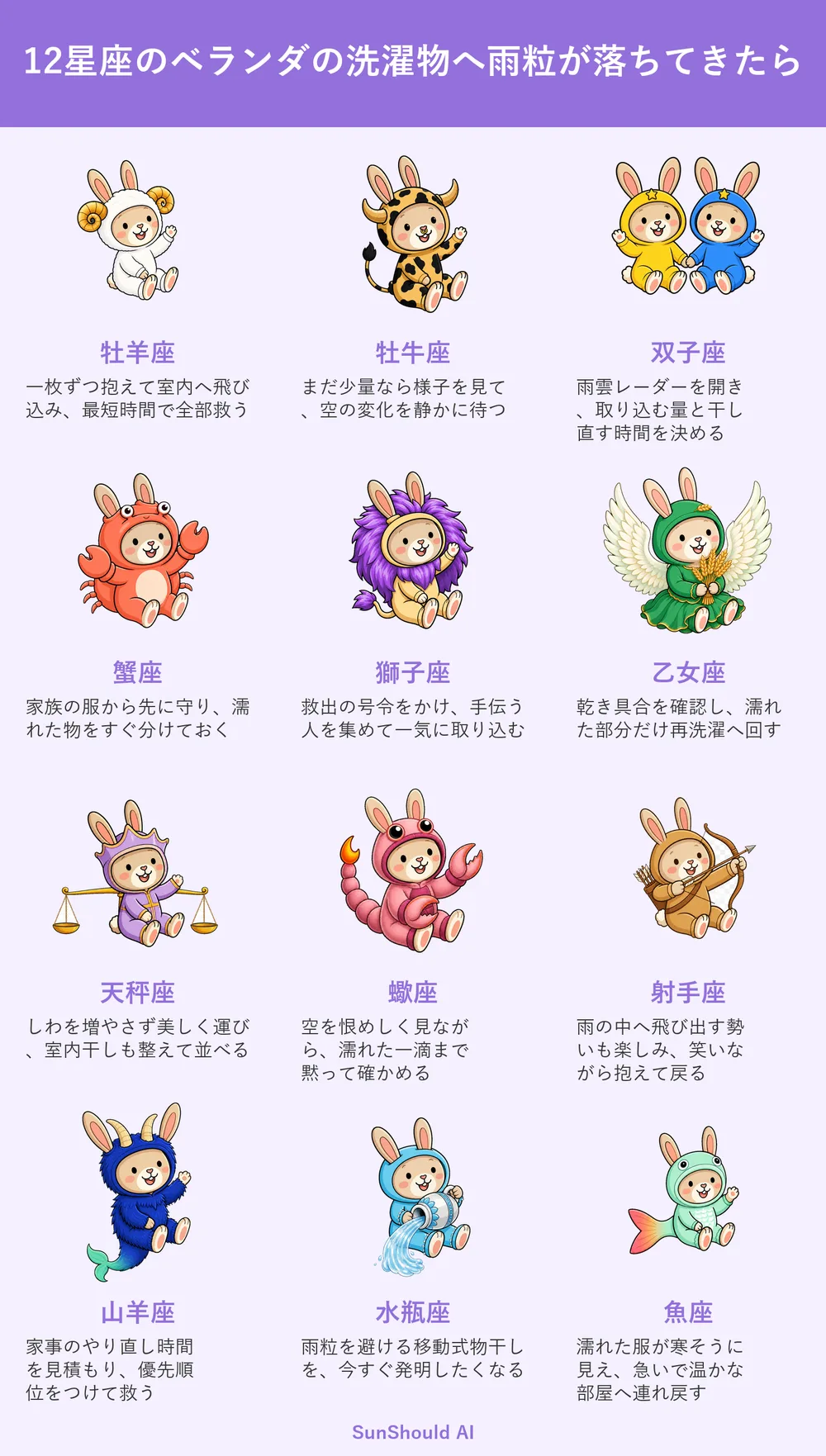 洗濯物に雨粒が落ちた12星座あるある｜牡羊座は即救出、双子座は雨雲を分析