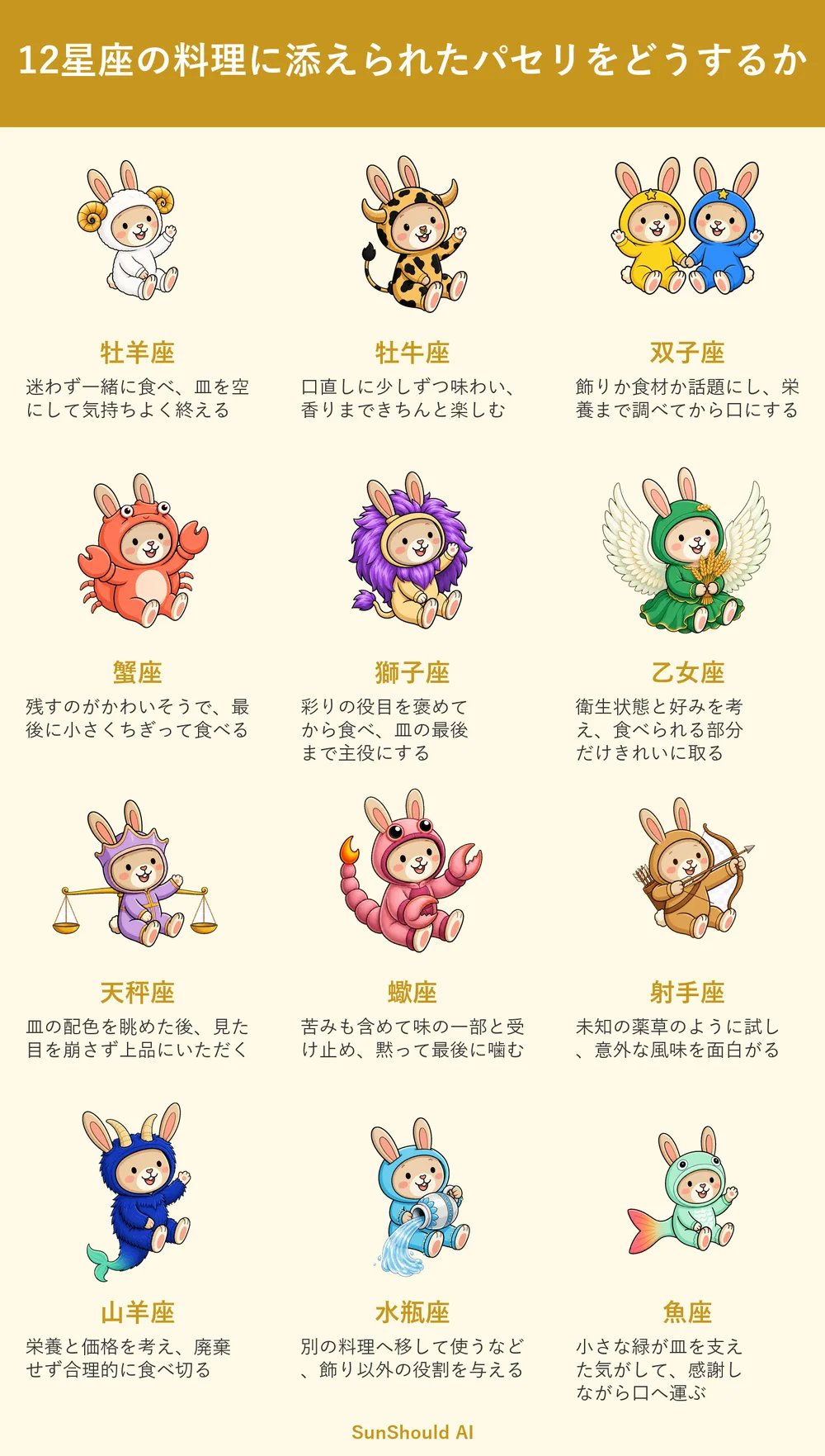 添えられたパセリの12星座あるある｜牡羊座は完食、水瓶座は別料理へ活用