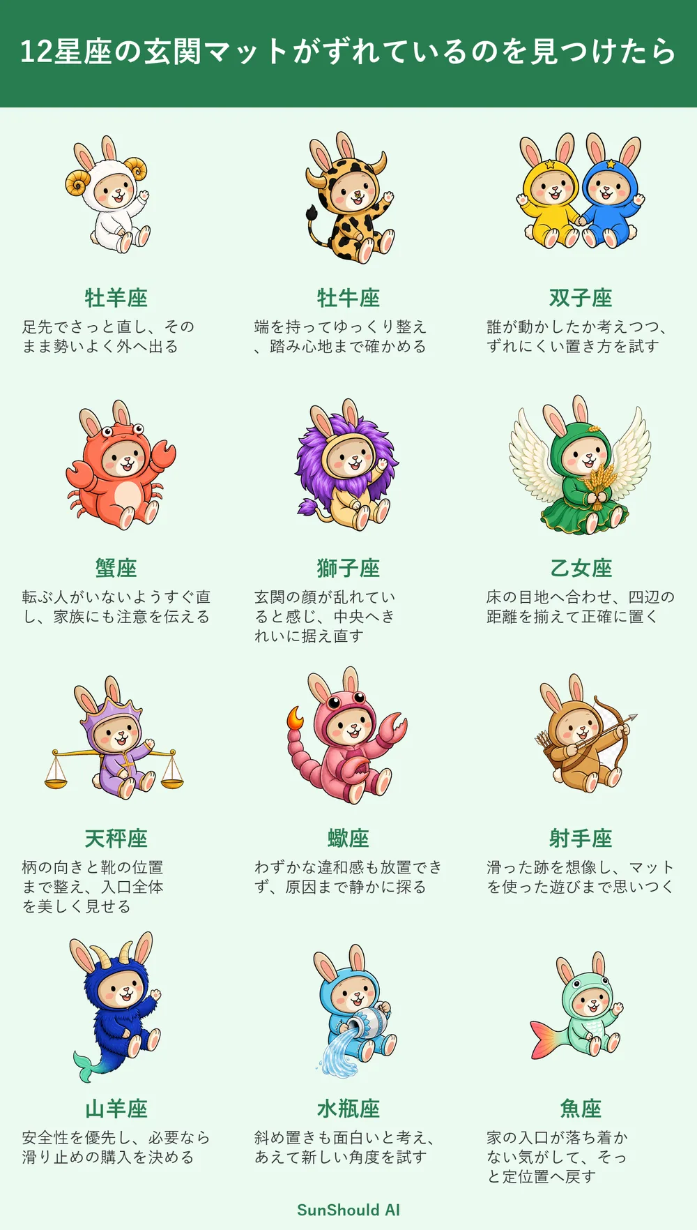 ずれた玄関マットの12星座あるある｜牡羊座は足先で直し、天秤座は入口を整える