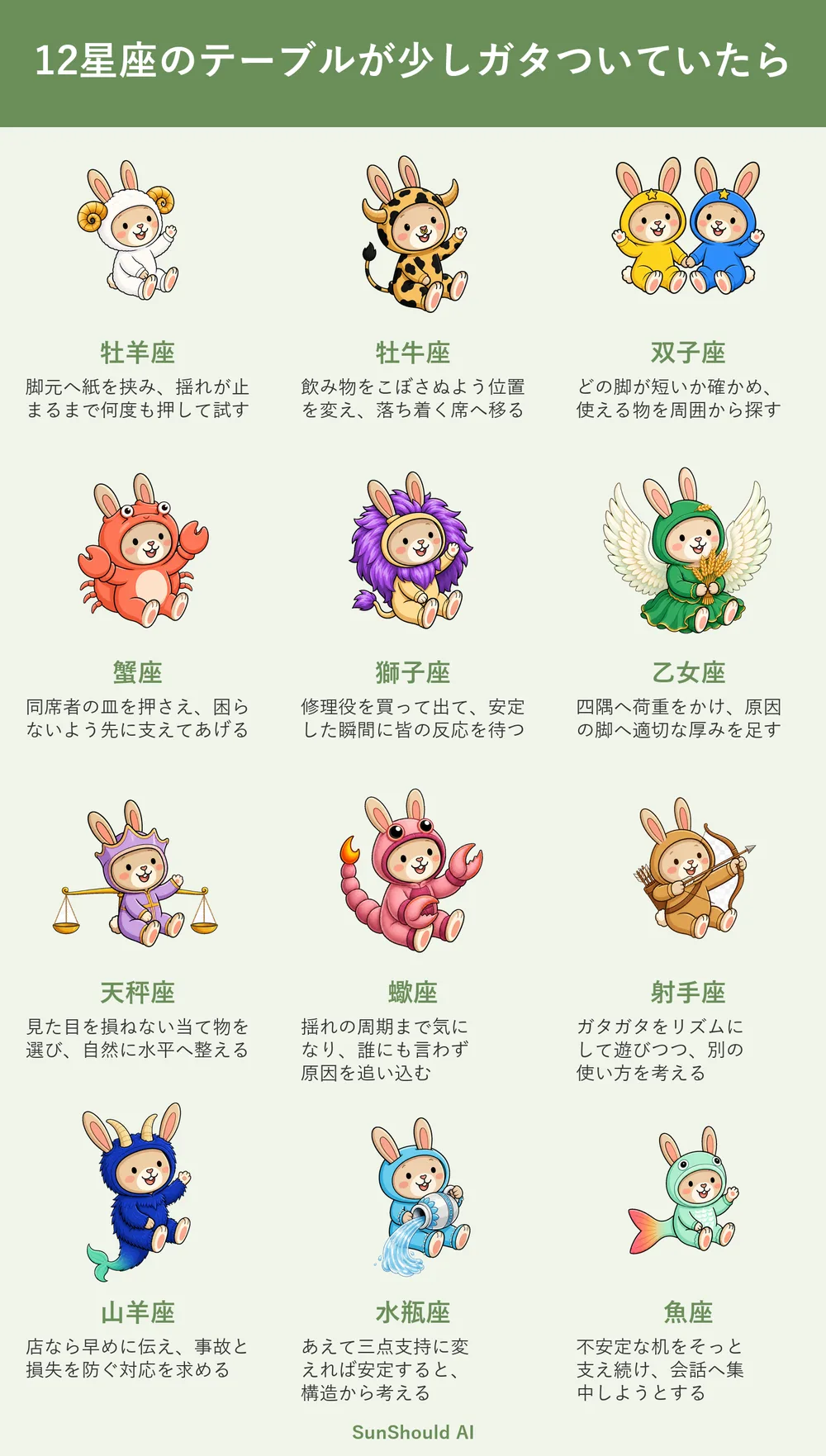 ガタつくテーブルの12星座あるある｜乙女座は四隅を分析、魚座はそっと支える