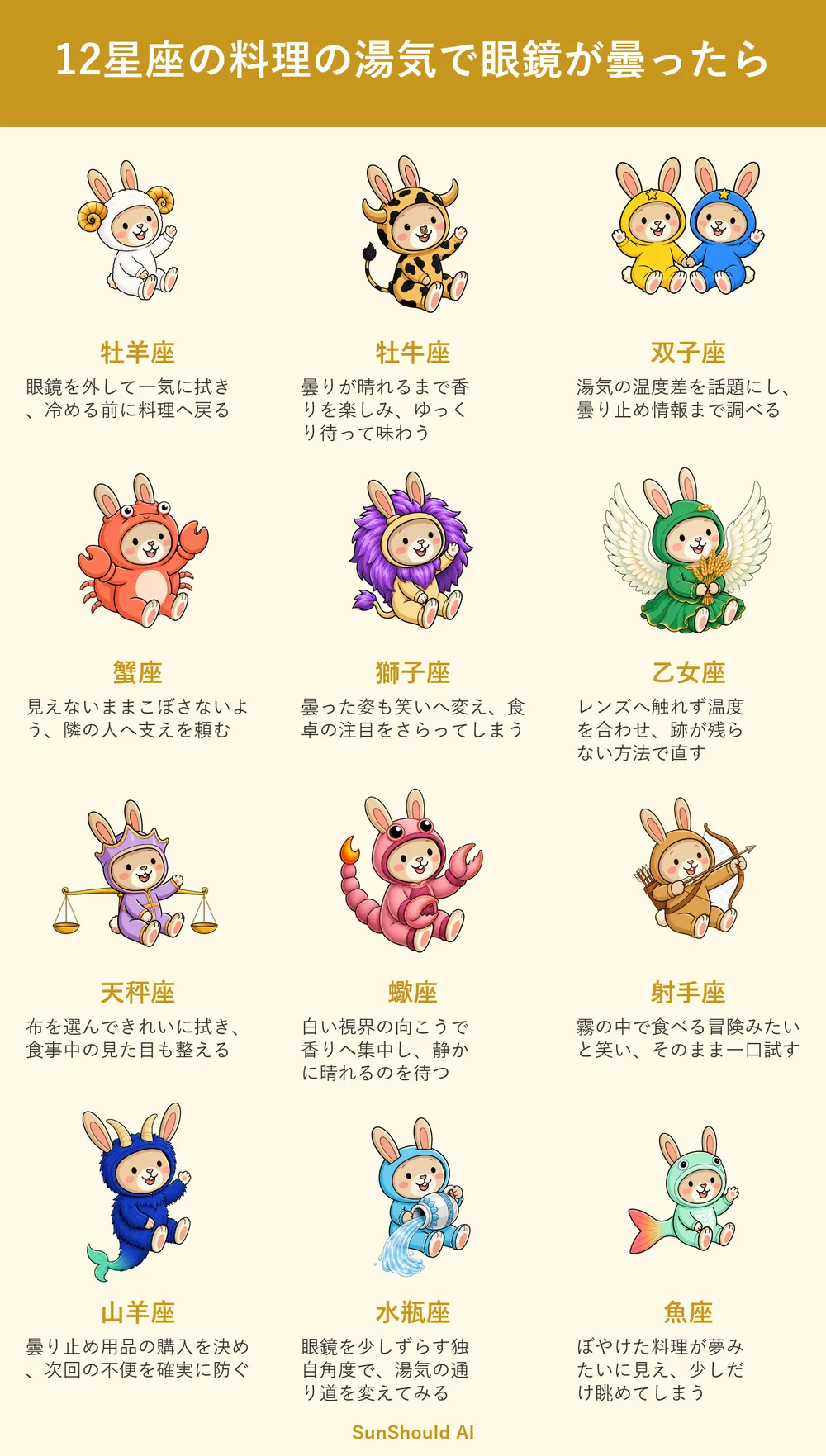料理の湯気で眼鏡が曇る12星座あるある｜牡羊座は即拭き、魚座は夢心地