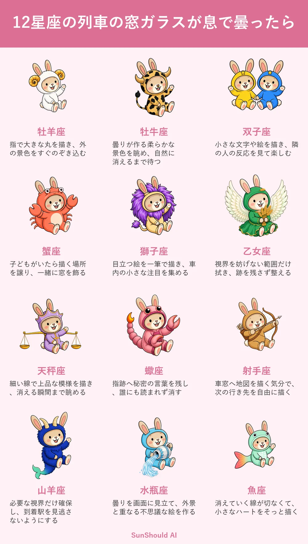 息で曇った列車の窓の12星座あるある｜牡羊座は丸を描き、蠍座は秘密を残す