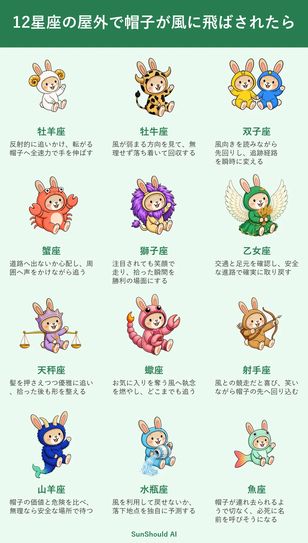 風に飛ばされた帽子の12星座あるある｜牡羊座は全力疾走、水瓶座は落下を予測
