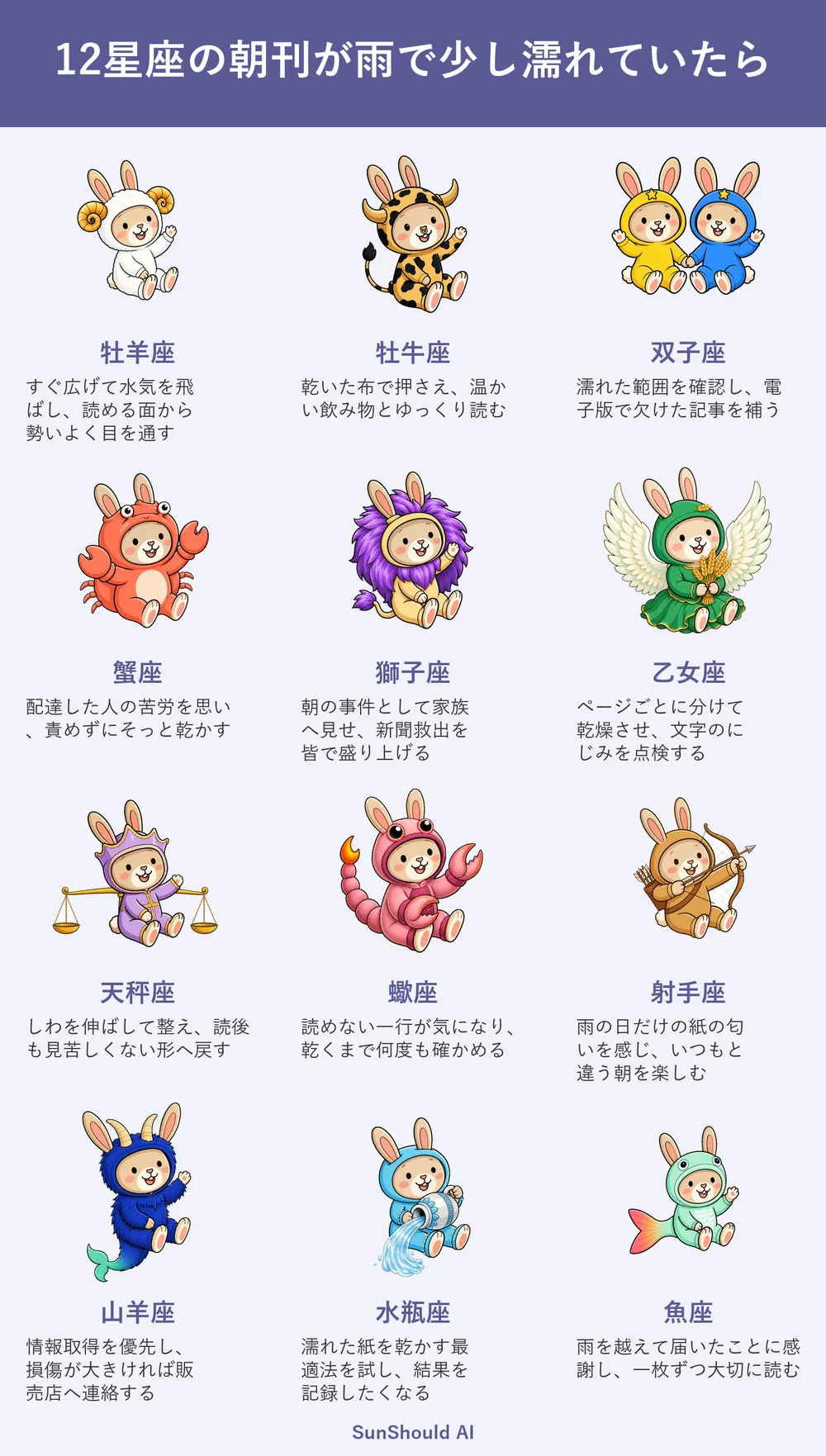 雨で少し濡れた朝刊の12星座あるある｜牡羊座は即広げ、蟹座は配達へ思いを寄せる