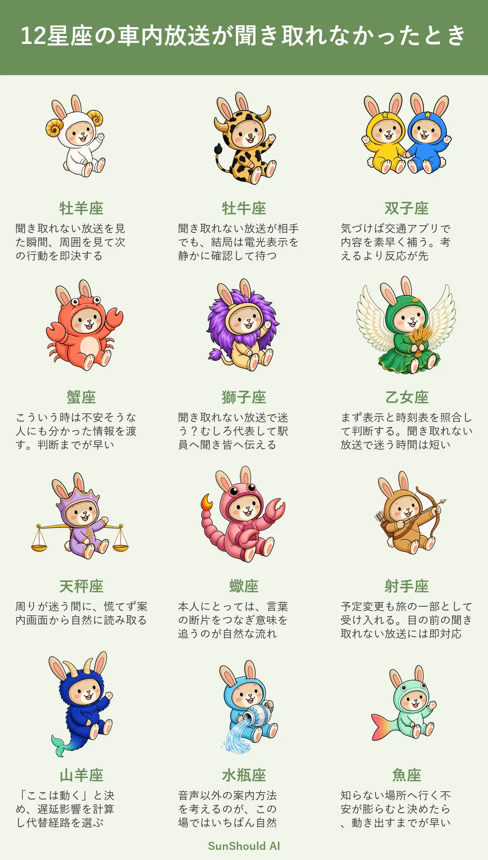 車内放送が聞き取れない12星座あるある｜牡羊座は即決、蠍座は断片から推理