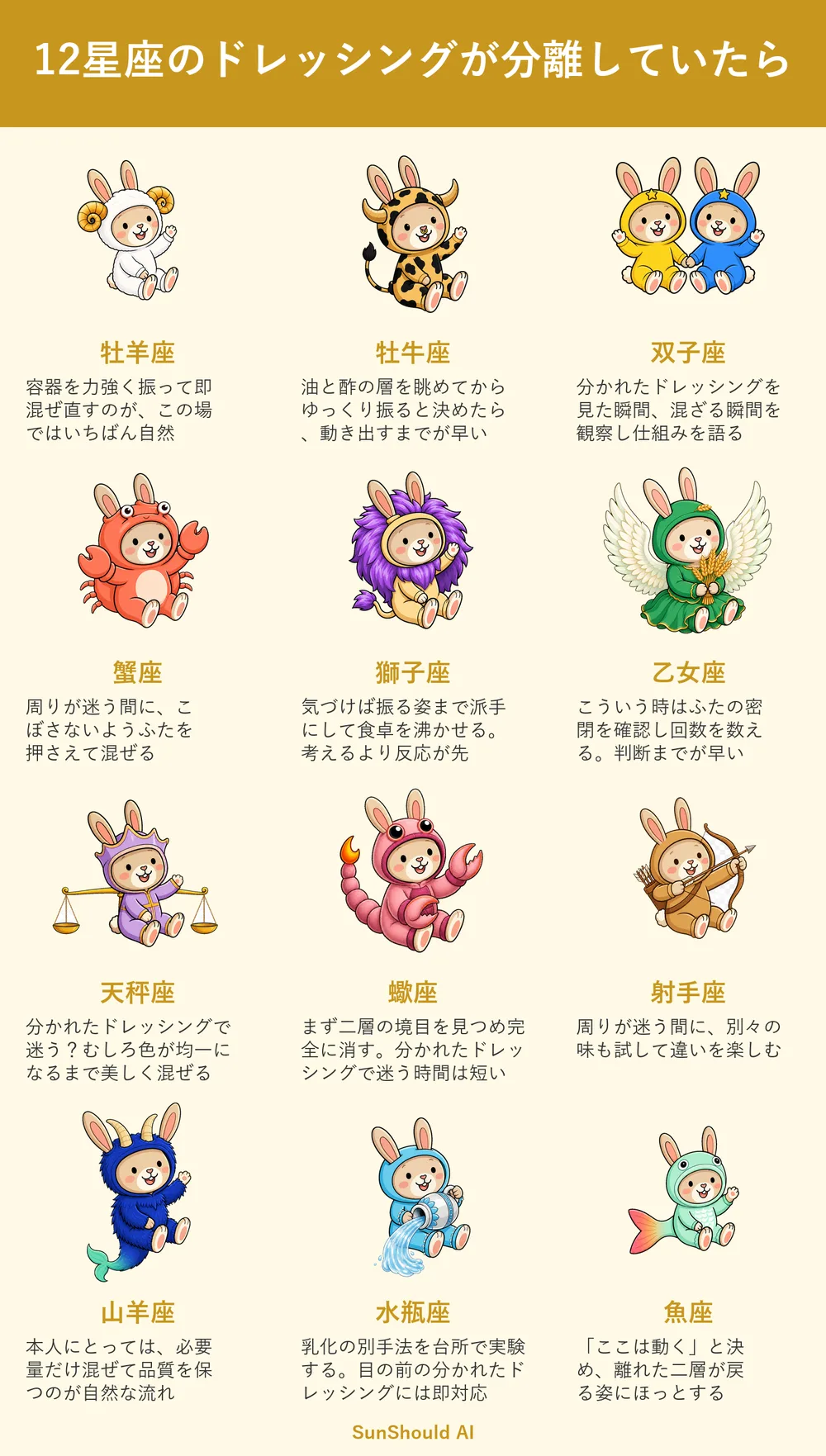 分離したドレッシングの12星座あるある｜牡羊座は力強く振り、蠍座は境目を凝視