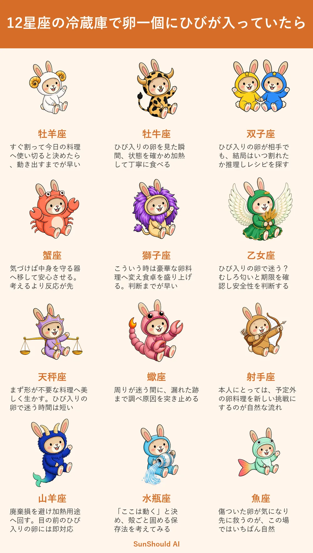 冷蔵庫で卵にひびが入った12星座あるある｜牡羊座は即調理、蠍座は原因を追う