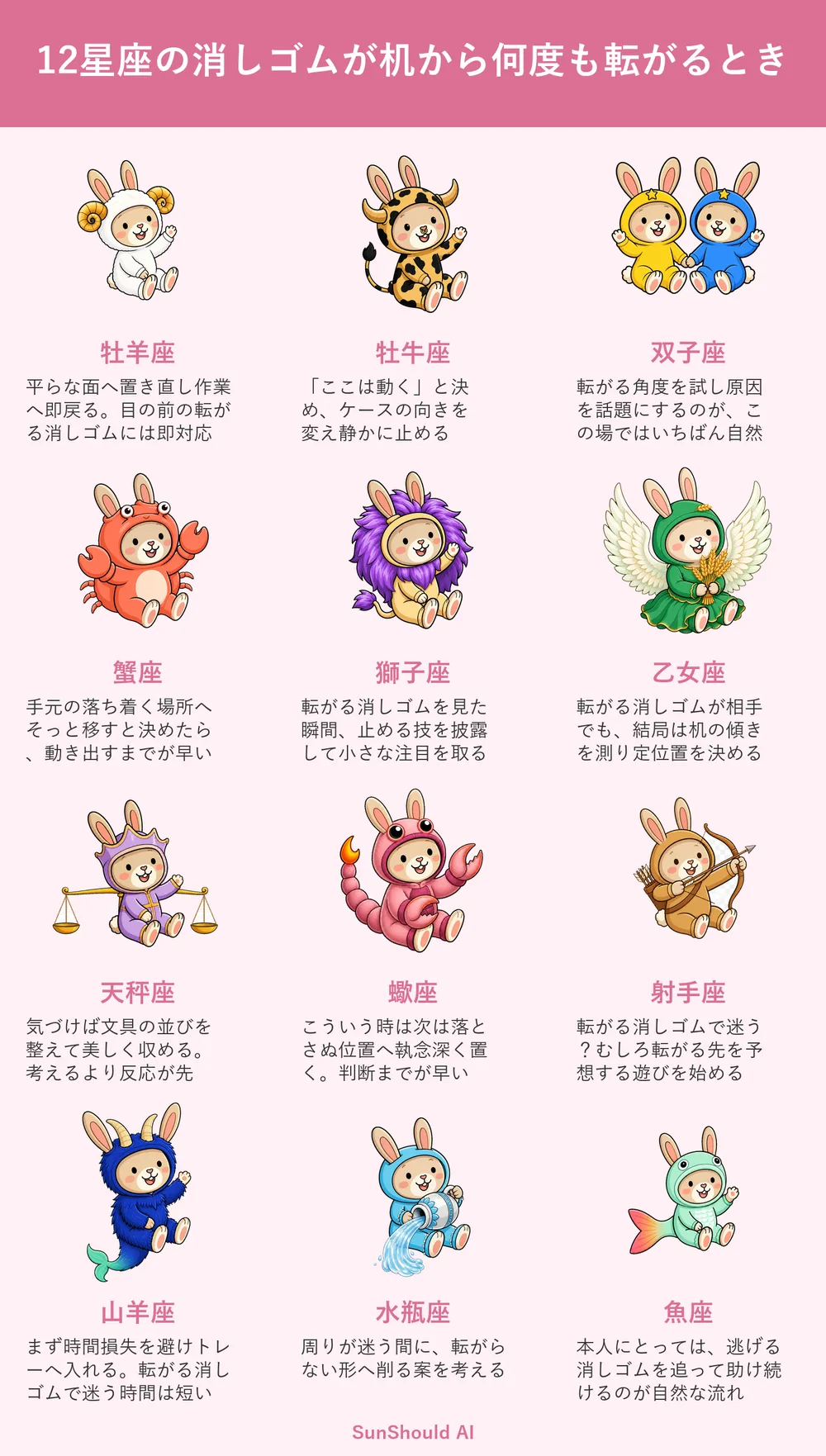 転がる消しゴムの12星座あるある｜牡羊座は即戻し、乙女座は机の傾きを測る