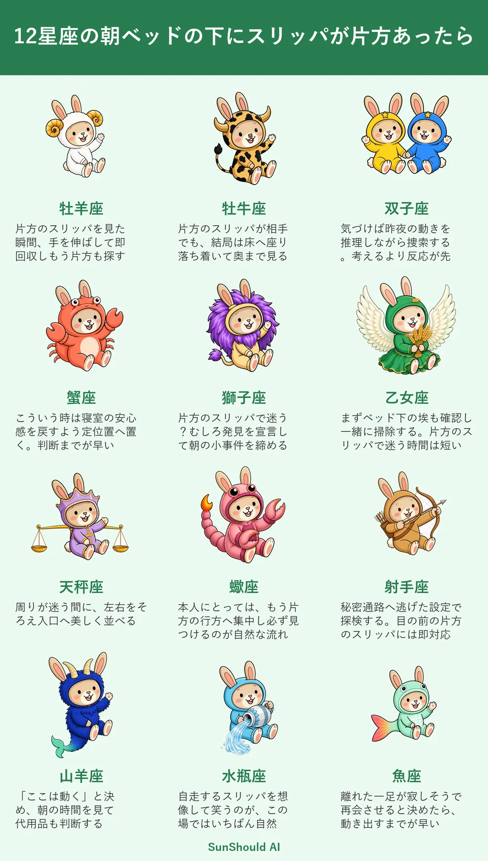 ベッド下の片方のスリッパの12星座あるある｜牡羊座は即回収、蠍座は相棒を追う