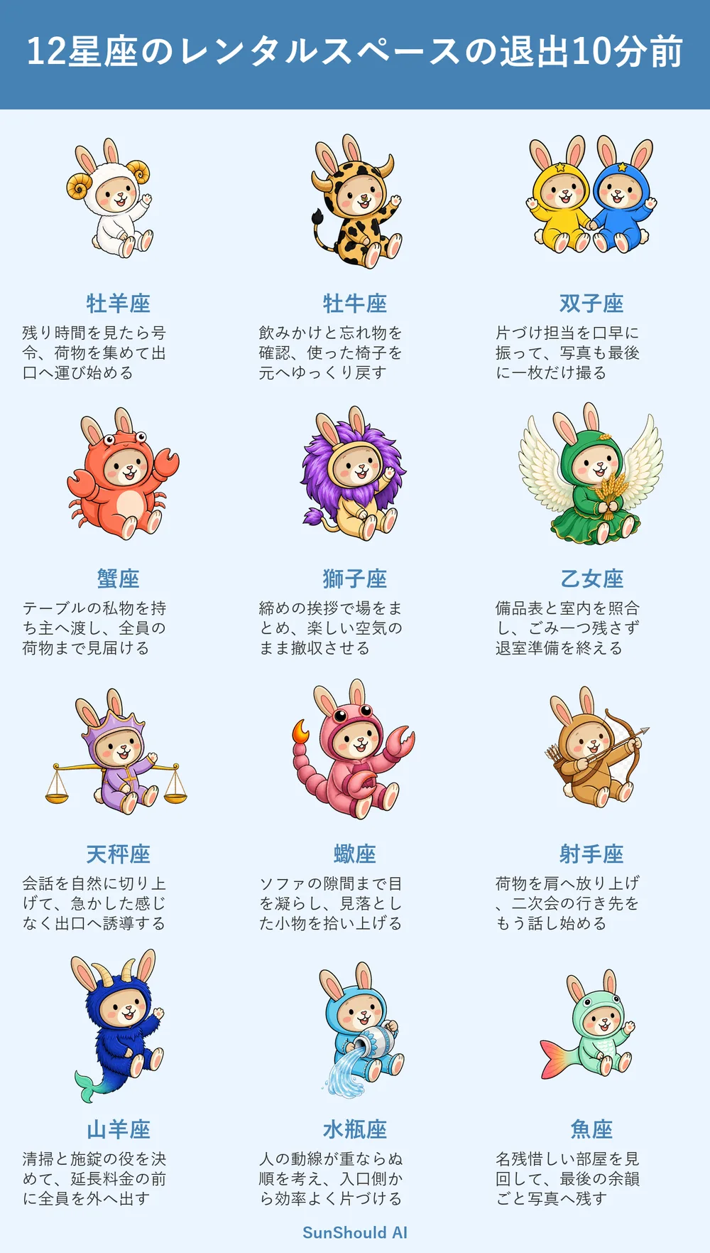 レンタルスペースの退出10分前の12星座あるある｜即撤収と余韻派