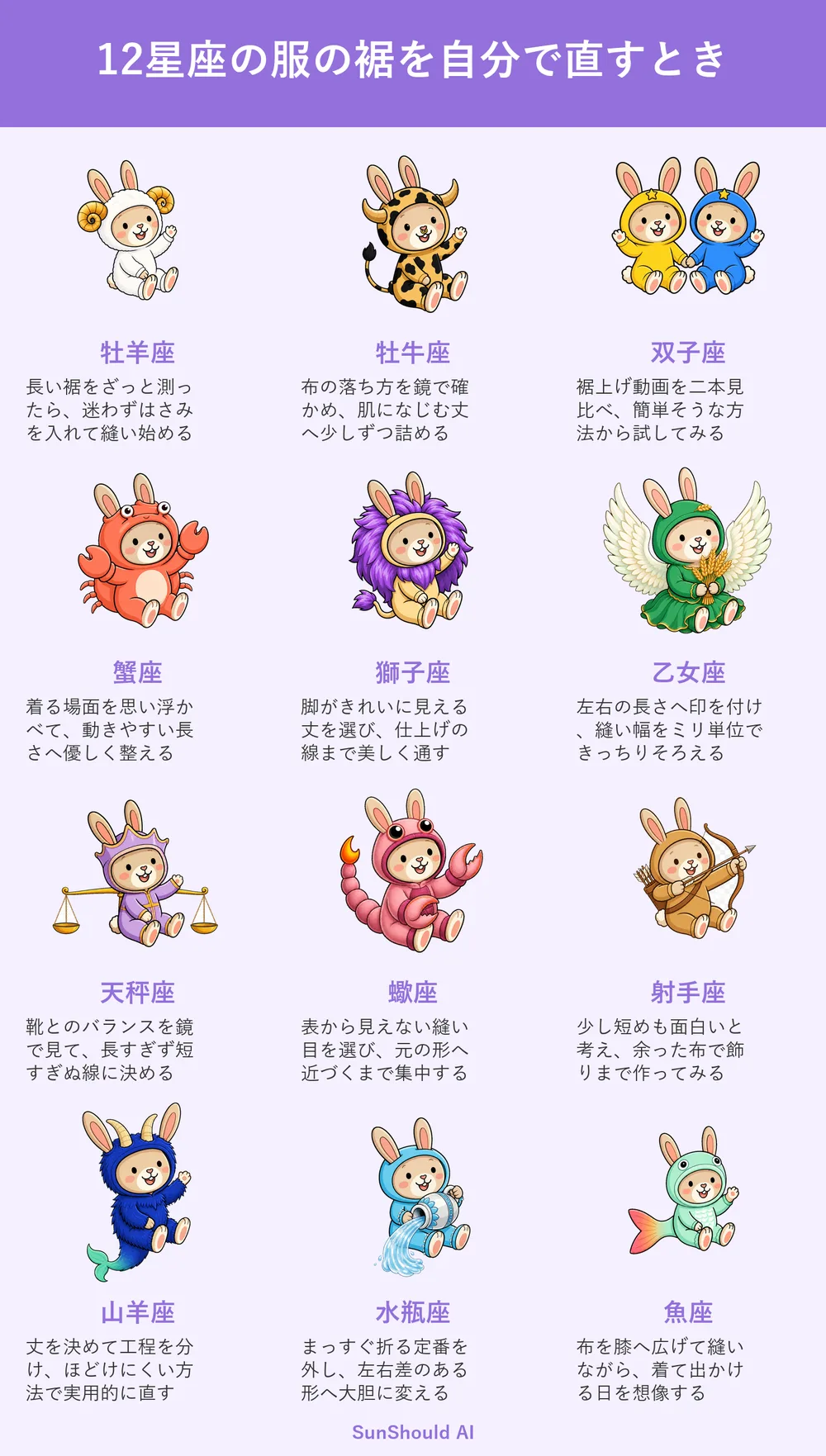 服の裾を自分で直す12星座あるある｜牡羊座は即裁断、水瓶座は左右差を演出