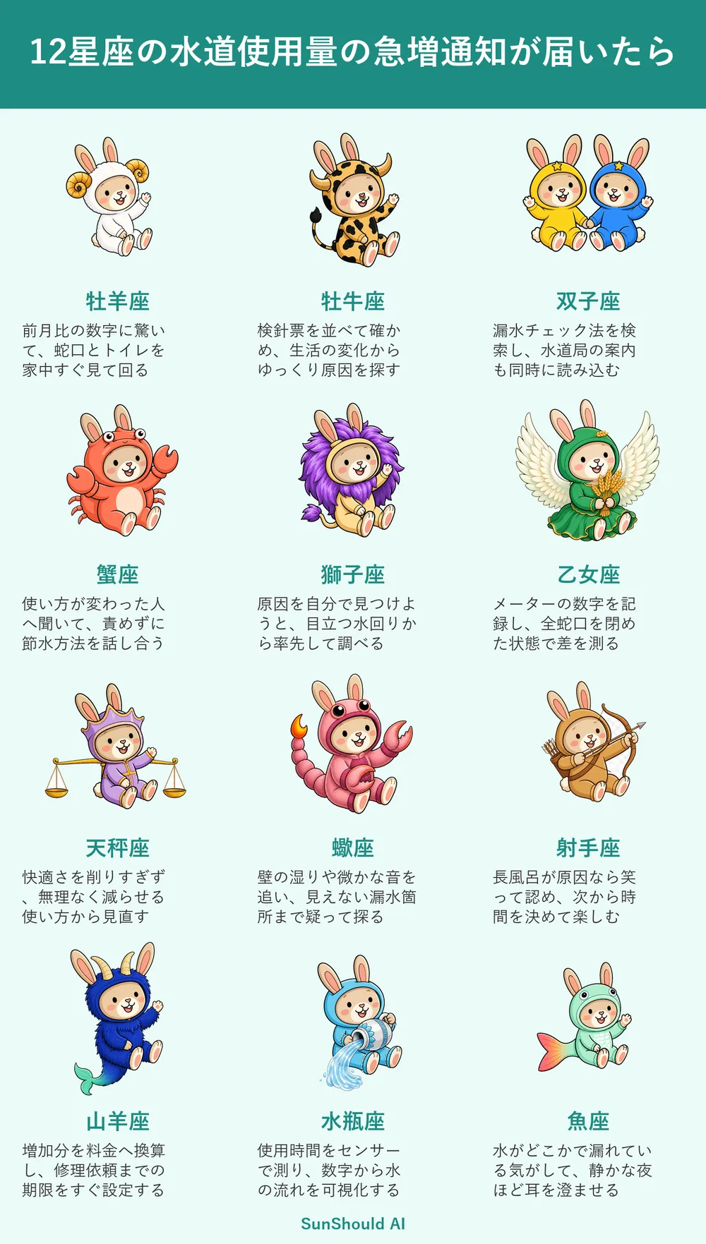 水道使用量の急増通知が届いたらの12星座あるある｜即点検の牡羊座と追跡する蠍座