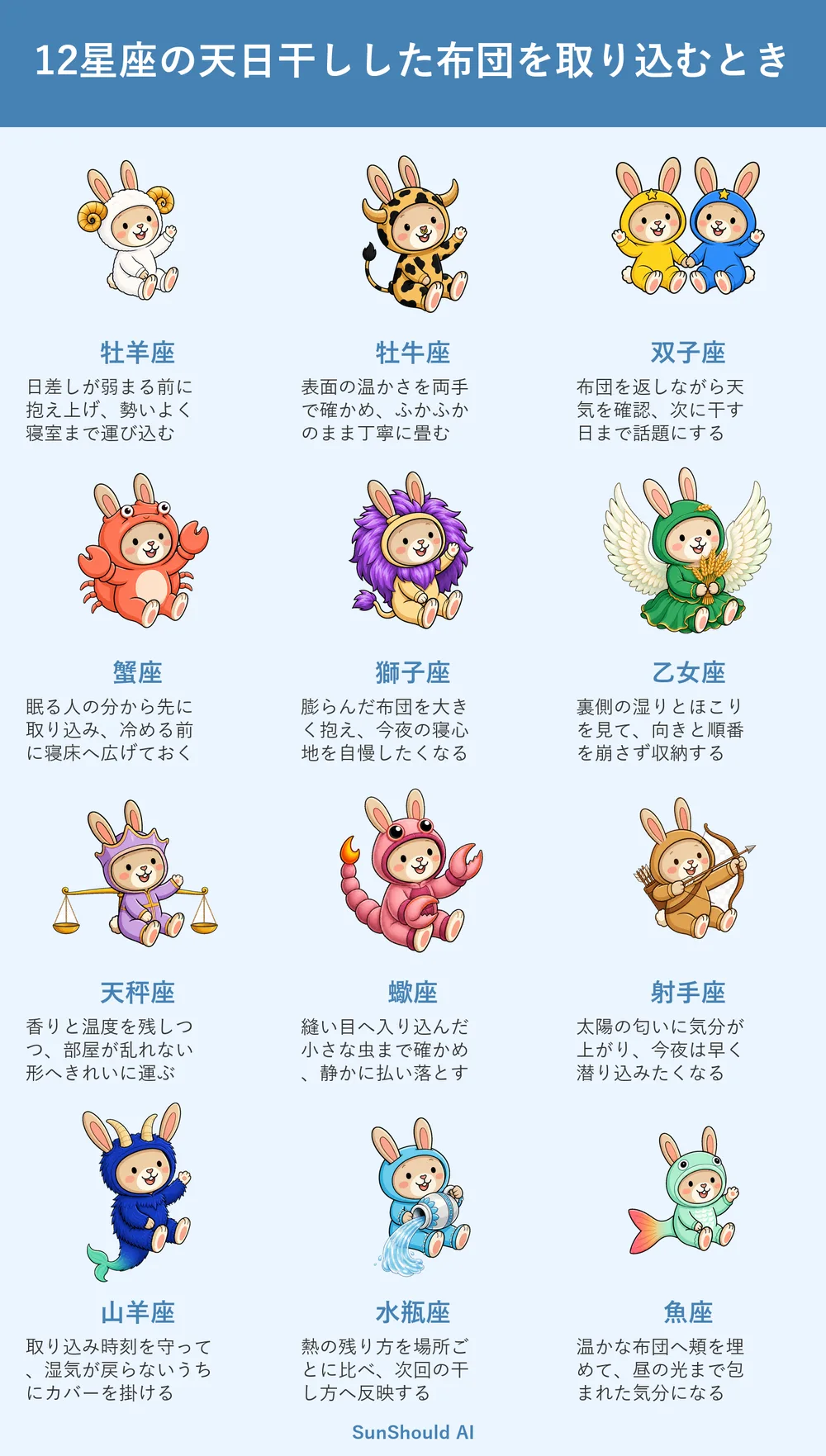 天日干しした布団を取り込むときの12星座あるある｜牡羊座は即回収
