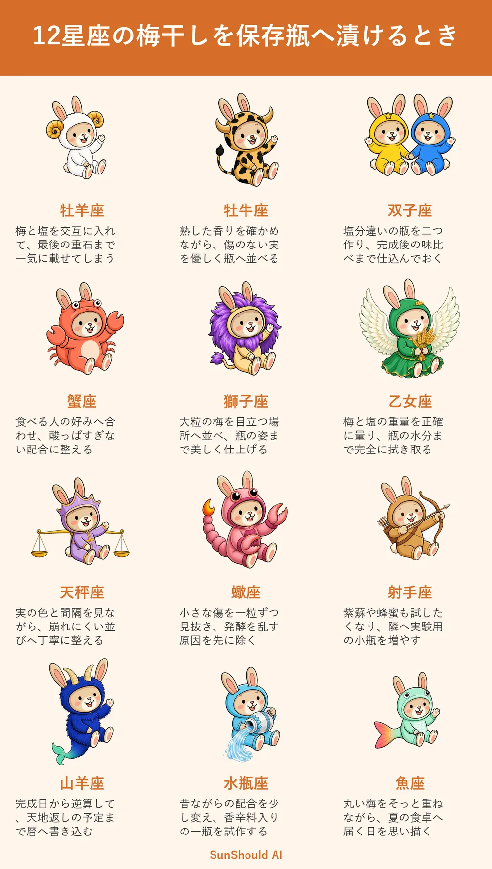 梅干しを保存瓶へ漬けるときの12星座あるある｜牡羊座は一気に、乙女座は正確