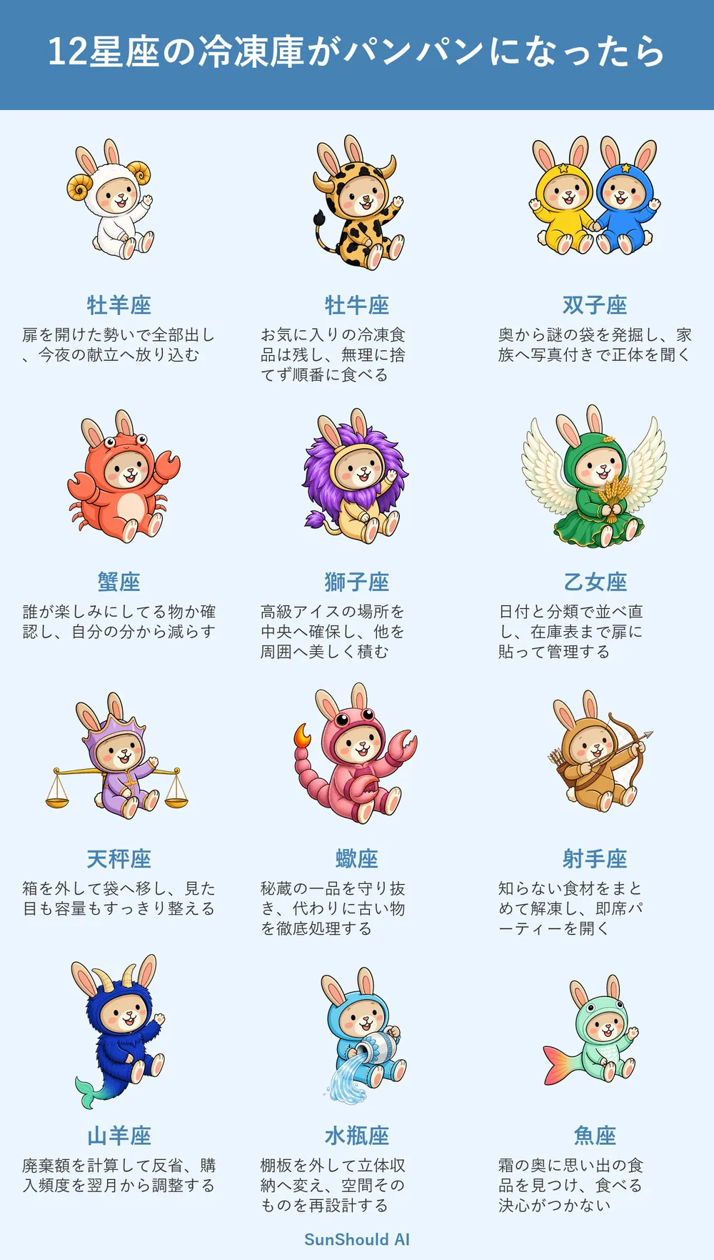 満杯の冷凍庫12星座あるある｜牡羊座は全部出し、乙女座は在庫表