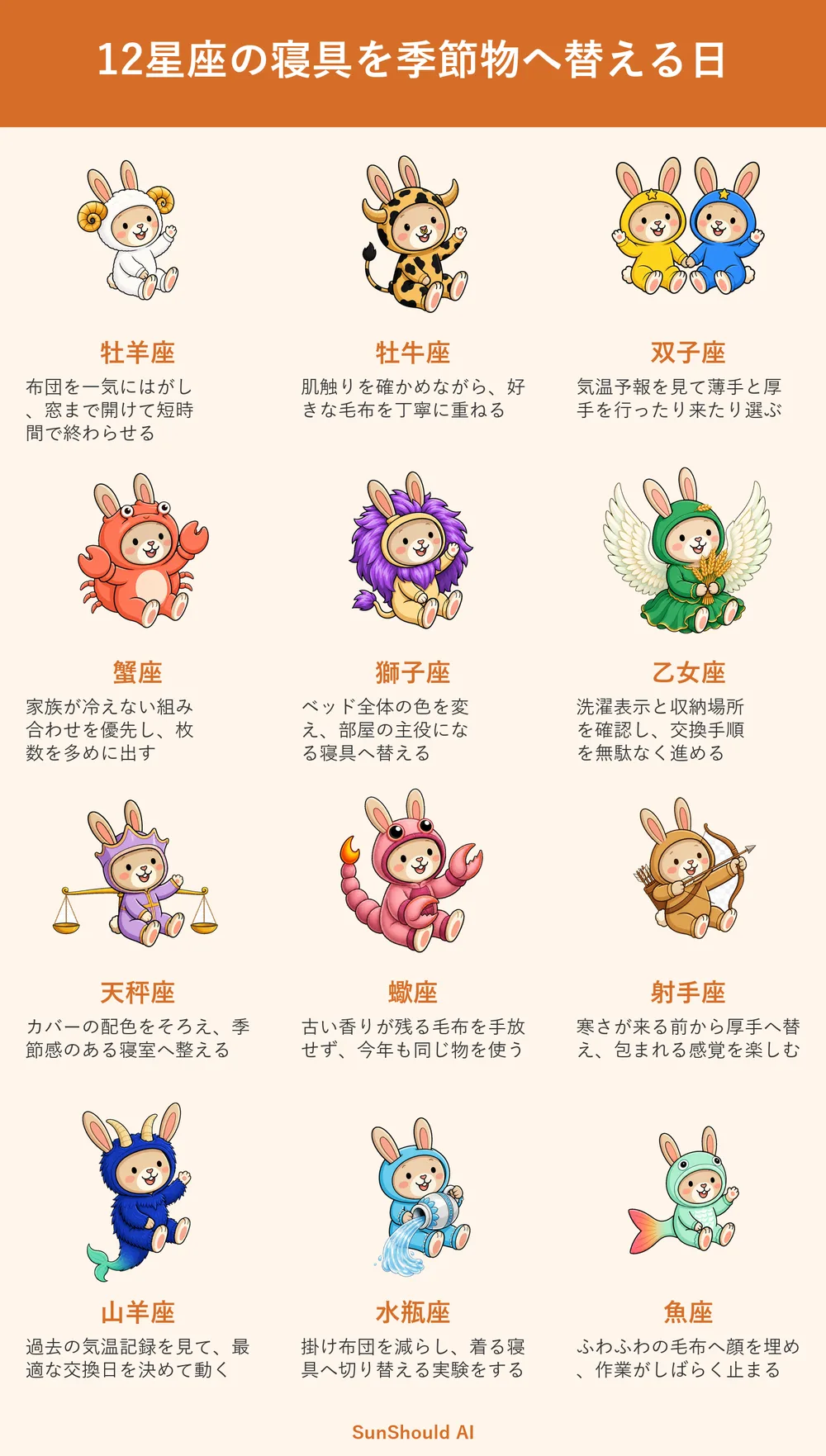 季節の寝具交換12星座あるある｜牡羊座は短時間、蠍座は古い毛布を残す