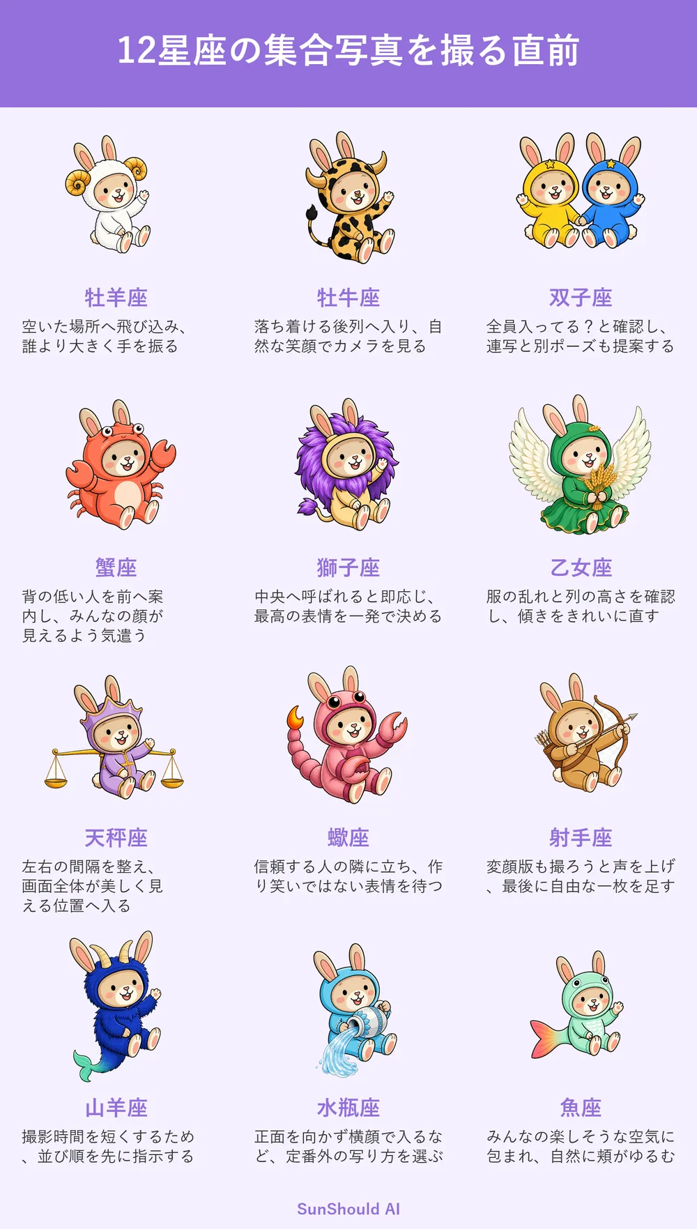 集合写真直前の12星座あるある｜獅子座は中央、水瓶座は横顔を選ぶ
