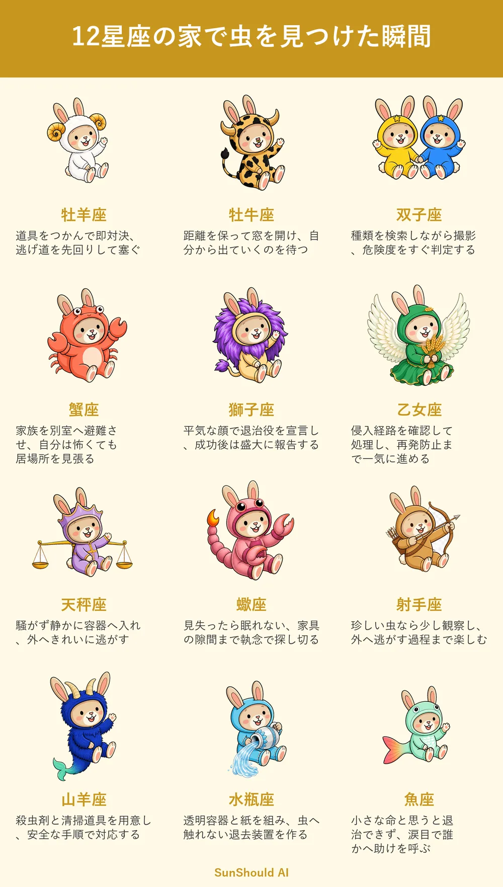 家で虫を見つけた12星座あるある｜牡羊座は即対決、蠍座は見失わない